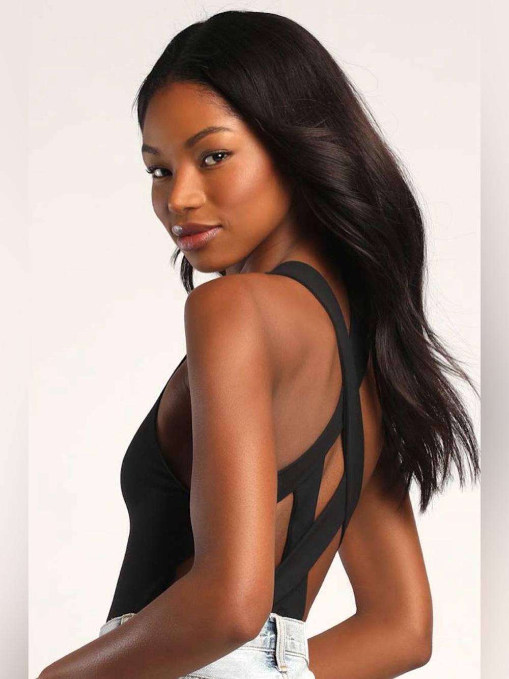 FP Jessa Black Sleeveless Cross-Back Bodysuit